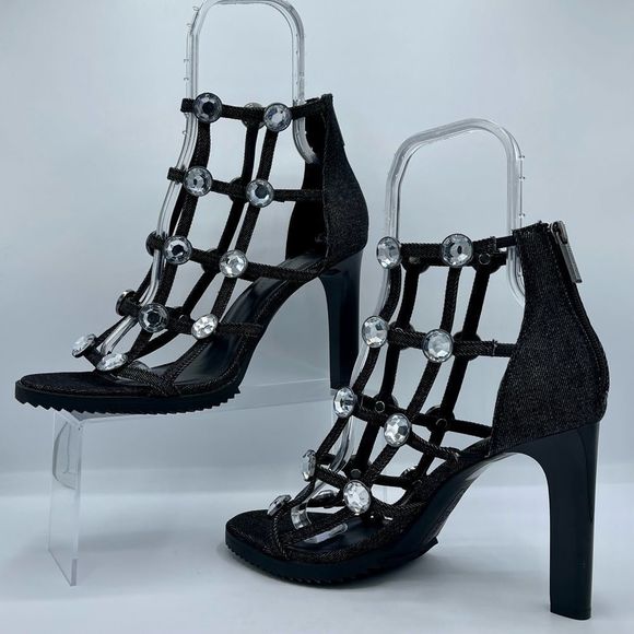 KARL LAGERFELD Beatriz Faux Crystals Heel Sandals in Black Size 10 NWOT - Picture 3 of 15